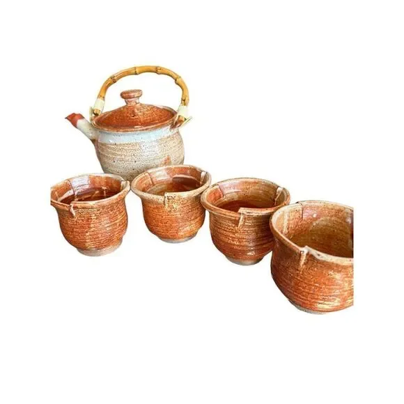 Handmade Rustic Stone Studio Pottery “Mingei-sota” Style Tea Pot & 4 Unique Tea